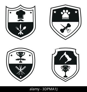Set of icons on the theme of cooking, animal grooming and barbershop in the shape of a shield on a white background. Stock Vector