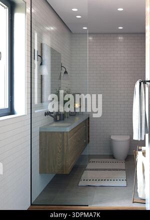 A realistic 3D rendering of a modern bathroom interior. The scene features a floating wooden vanity with a grey concrete countertop and a black wall-m Stock Photo