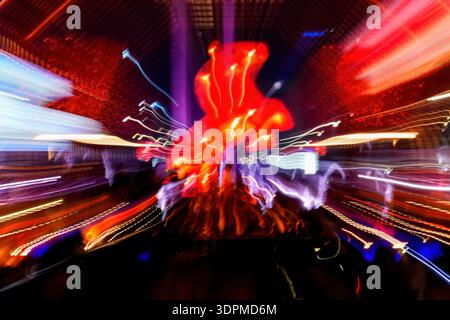 Indonesia. 15th Feb, 2026. February 15, 2026, Jakarta, Indonesia : Motion blur captures vibrant light trails surrounding a Chinese New Year installation during the Jakarta Lunar New Year Festival 2026 ahead of the Lunar New Year 2577 (Kongzili calendar). The celebration features artistic light displays and cultural performances, creating a dynamic and colorful nighttime atmosphere. (Credit Image: © Andri Munazir/ZUMA Press Wire) EDITORIAL USAGE ONLY! Not for Commercial USAGE! Stock Photo