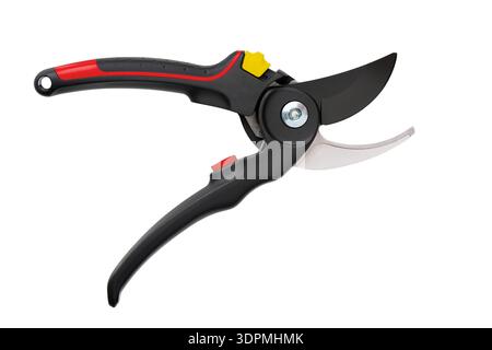 Professional garden pruner with black and red handles, sharp steel blade, and yellow safety lock isolated on a white background. Open state. Top view. Stock Photo