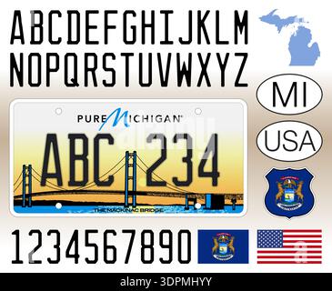 Michigan special car license plate Mackinac Bridge, United States of America, letters, numbers and symbols vector illustration Stock Vector