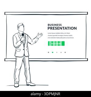 Male speaker speaks standing at presentation screen. Vector hand drawn sketch illustration of business person at conference meeting. Training, coachin Stock Vector