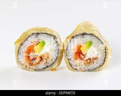 Two golden tempura sushi rolls with salmon, avocado, and cream cheese. Close-up on a clean white background. A minimalist composition highlighting fre Stock Photo