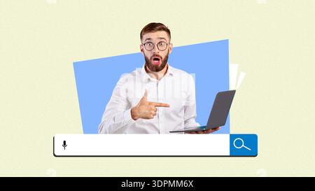 Man Points at Laptop With Surprised Expression in Collage Set Showcasing Tech Themes Stock Photo