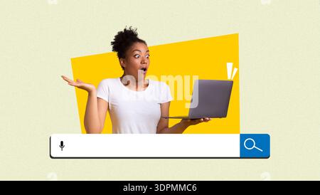 Woman Shows Surprise While Using Laptop in a Collage Featuring Bright Colors and Shapes Stock Photo
