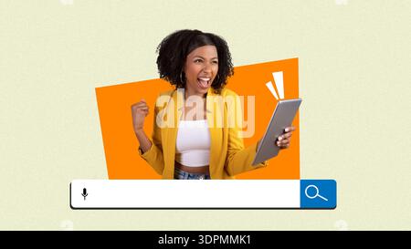 A Woman Shows Joy While Holding a Tablet in Her Right Hand Stock Photo