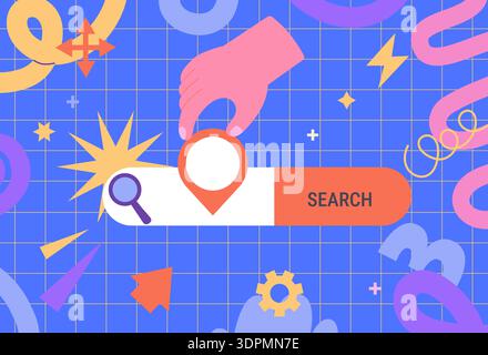 Search box on fun childish background with wavy, curve lines. Search bar for information web search and analysis. Search engine optimization and web analytics. AI search engines concept. Vector Stock Vector
