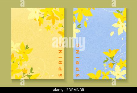 Set spring flyers with cute yellow bright forsythia. Textured spring greeting cards, posters with beautiful flowers. Hand drawn floral decorative elements. Elegant botanical design.Vector illustration Stock Vector