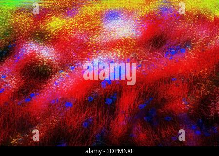 A vibrant abstract wildflower meadow in a colourful painting style. Stock Photo