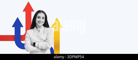 Collage Showing a Woman Standing With Arrows Pointing in Different Directions in a Business Setting Stock Photo