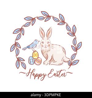 Vector illustration of an Easter wreath featuring a cute rabbit, a small bird, and colorful eggs nestled in lush greenery and spring flowers. Gentle Stock Vector