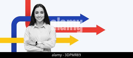 Collage Showing a Woman With Colorful Arrows Representing Different Directions and Choices Stock Photo