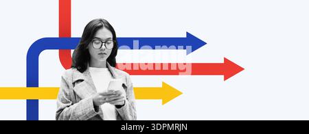Collage Showing a Woman Using a Smartphone With Colorful Arrows in Different Directions Stock Photo