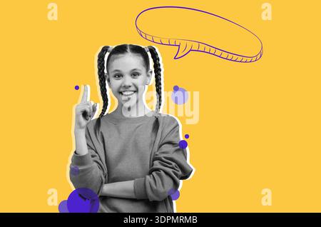 Fun Collage of a Girl With Braids Pointing and Smiling in a Colorful Background Stock Photo