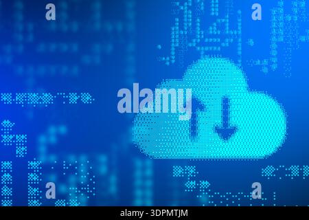 Cloud storage and data transfer icons with blue digital background and binary code elements Stock Photo