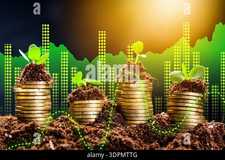 Growing plants in soil on top of coins with digital growth chart in the background Stock Photo