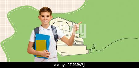 Happy Schoolboy Carries Backpack and Textbooks While Pointing at Something on the Side Stock Photo