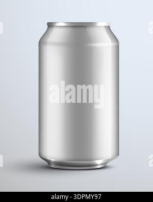 Blank aluminum can. Realistic silver metal soda or beer can mockup, ready for branding and design. Vector illustration Stock Vector
