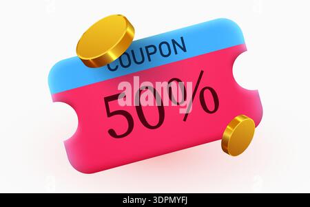 Vibrant 50 discount coupon with golden coins. A perfect graphic element for sales and promotions. Vector illustration Stock Vector