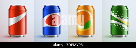 Realistic vector illustration of various colorful soda cans, perfect for beverage branding and mockups. Vector illustration Stock Vector