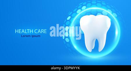 Shiny white tooth protected by a glowing sphere with a hexagonal pattern on a blue background. Concept of dental health care. Vector illustration Stock Vector