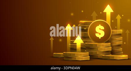 Golden coins stacking up with dollar signs and rising arrows, symbolizing financial growth and success. Vector illustration Stock Vector