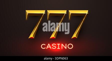 Golden 777 casino sign with glowing red neon letters on a dark background for gambling and entertainment. Vector illustration. Stock Vector