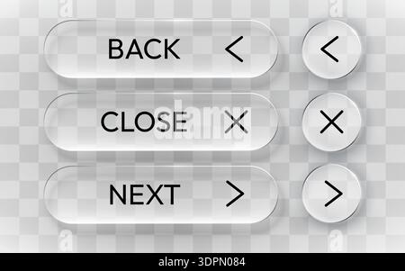 Glassmorphism UI buttons with back, close, and next controls for modern web and app design. Vector illustration Stock Vector