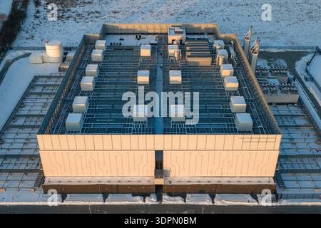 Data center with advanced cooling and ventilation systems on the roof. Digital technology infrastructure, Warszawa, Województwo mazowieckie, Poland. Stock Photo