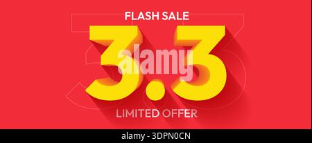 Flash Sale 3.3 Limited Offer banner on red background, featuring bold yellow numbers. Vector illustration. Stock Vector