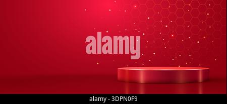 Elegant Red Product Display Podium with Sparkling Background. Ideal for showcasing products, promotions, or special events. Vector illustration. Stock Vector