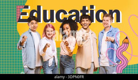 Diverse Group of Friends Enjoying a Fun Moment in Studio With Yellow Background and Casual Outfits Stock Photo