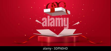 Stylish open gift box on a red podium with bokeh lights, ideal for promotions, sales, and holidays. Vector illustration. Stock Vector