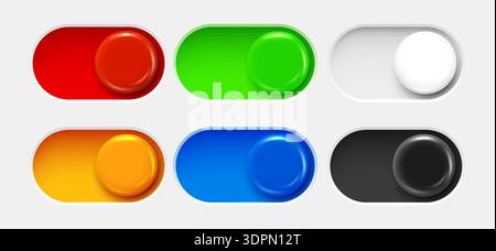 Colorful modern toggle switch buttons set for UI design. Includes glossy ONOFF sliders in various vibrant colors. Vector illustration Stock Vector