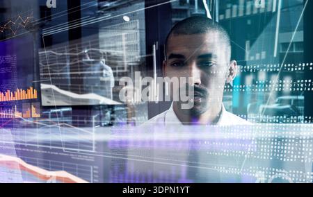 Programmer, hologram and man with internet, hacker and connection for web development. Employee, professional and person with coding skills, software Stock Photo