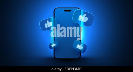 Modern smartphone with glowing blue screen surrounded by social media like icons. Concept of online communication and digital connection. Vector illustration Stock Vector