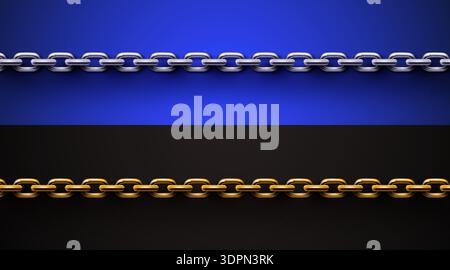 Two realistic metal chains, silver and gold, on a split blue and black background for various design projects. Vector illustration. Stock Vector