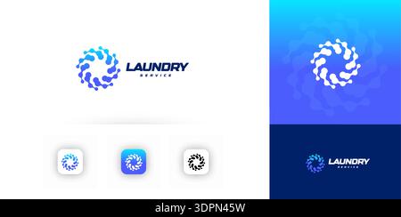 Laundry service logo, swirling droplets motion, clean fresh blue emblem design. Abstract washer vortex for branding, app icon, signage, packaging Stock Vector