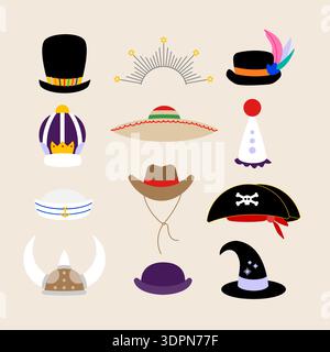 Set: Costume hat. Happy Carnival banner. Holiday celebration. Vector illustration, flat design Stock Vector