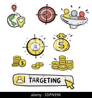 Hand Drawn Targeting and Marketing Icons Set Stock Vector