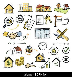 Hand Drawn Real Estate Icons and Property Process Set Stock Vector
