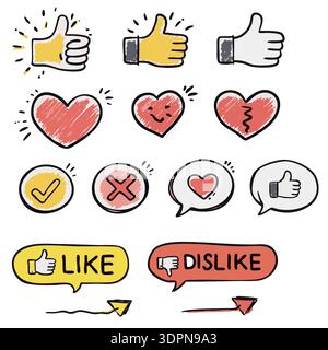 Hand Drawn Like Dislike and Heart Icons Set Stock Vector