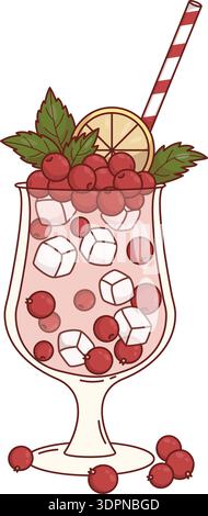 Red Currant Dessert Cocktail with Ice Cubes, Lemon Slice and Mint. Fresh Refreshing Summer Berry Drink with straw. Vector Illustration Stock Vector
