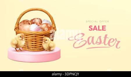 Easter Sale Banner with Basket and Chicks Stock Vector
