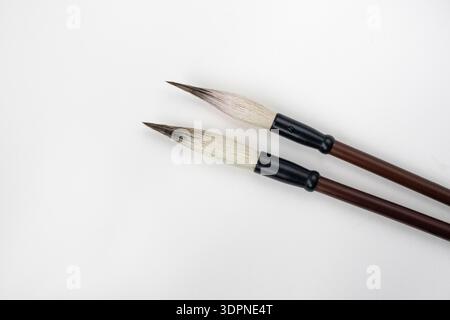 Two writing brushes, pens for writing Chinese traditional calligraphy. Traditional writing brushes isolated on white background, Japanese writing brus Stock Photo