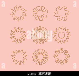Line tribal bohemian sun, sunburst. Gipsy weather symbol, sunset, sunrise set. Vector abstract forms with wavy rays. Stock Vector
