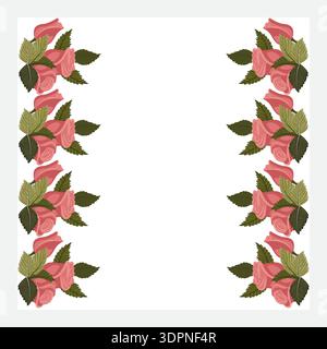 A frame decorated with dusty pink rose borders on the left and right edges. Vector illustration isolated on a white Stock Vector