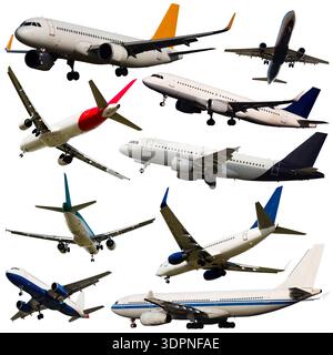 Collage of different modern airplanes on white background Stock Photo