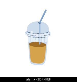 Plastic cup with lid and drinking straw. Transparent cup with brown cold drink. Vector illustration with takeaway beverage Stock Vector