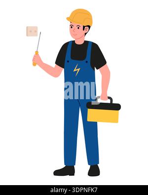 Wiring repairs. Man in special electrician's clothes and helmet with tools repairs outlet. Yellow suitcase in master's hand Stock Vector